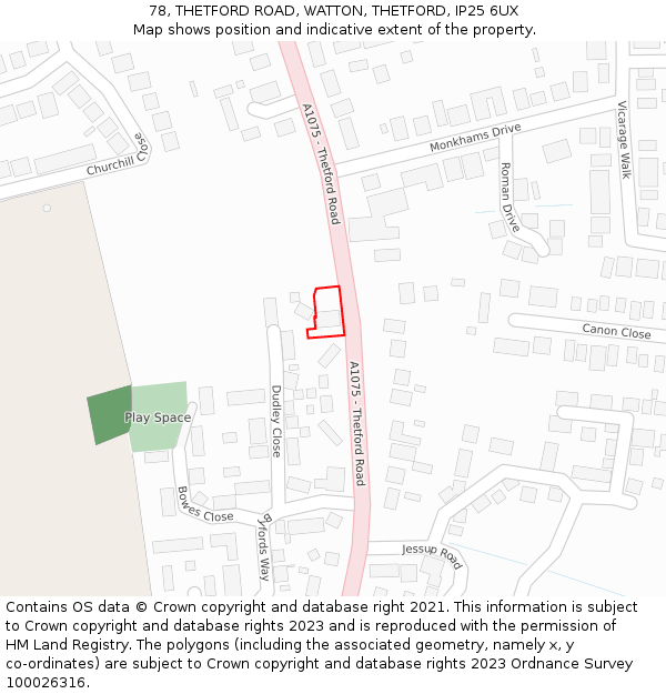 78, THETFORD ROAD, WATTON, THETFORD, IP25 6UX: Location map and indicative extent of plot