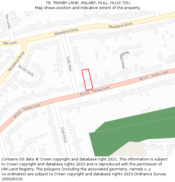78, TRANBY LANE, ANLABY, HULL, HU10 7DU: Location map and indicative extent of plot