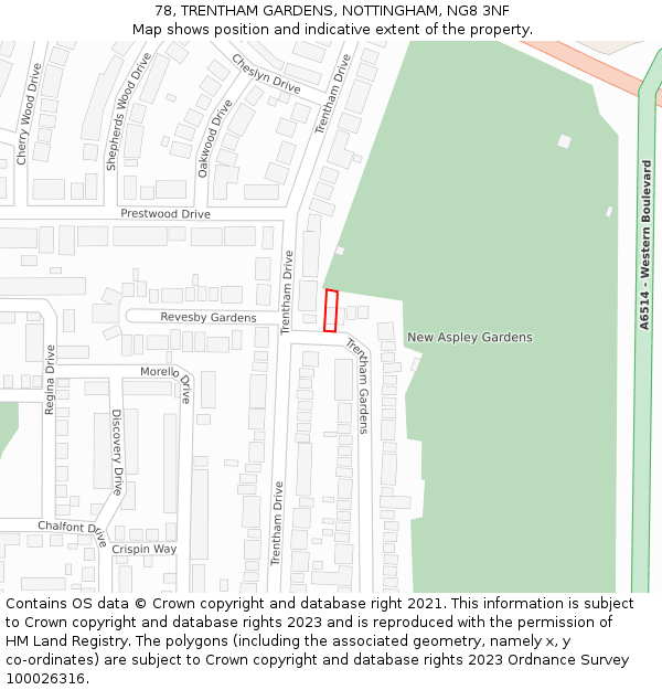 78, TRENTHAM GARDENS, NOTTINGHAM, NG8 3NF: Location map and indicative extent of plot