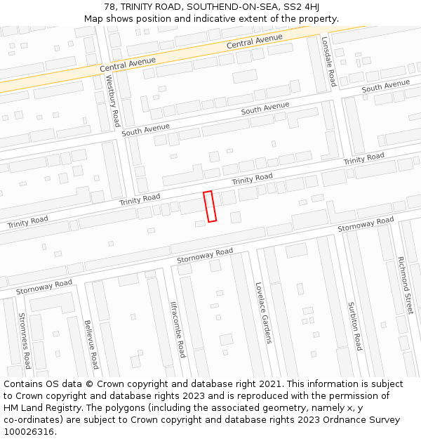 78, TRINITY ROAD, SOUTHEND-ON-SEA, SS2 4HJ: Location map and indicative extent of plot