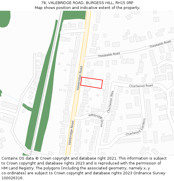 78, VALEBRIDGE ROAD, BURGESS HILL, RH15 0RP: Location map and indicative extent of plot