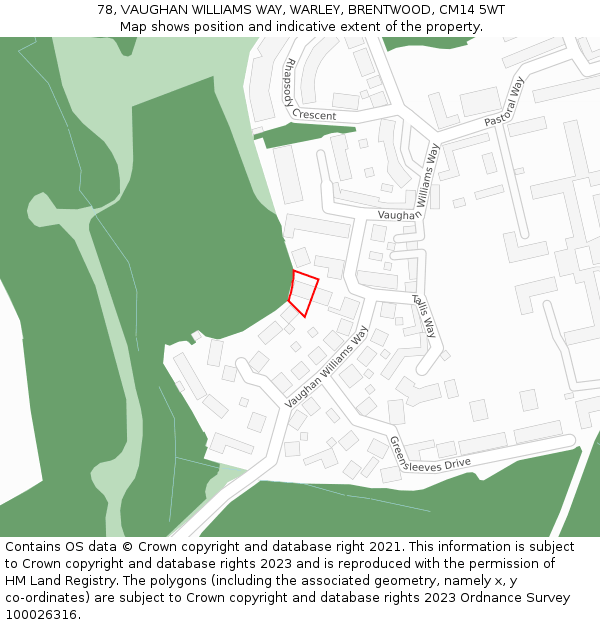 78, VAUGHAN WILLIAMS WAY, WARLEY, BRENTWOOD, CM14 5WT: Location map and indicative extent of plot