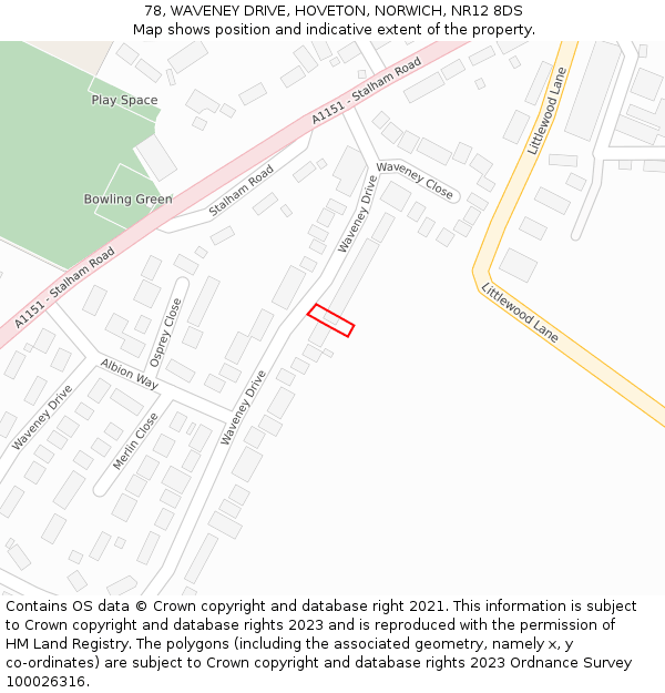 78, WAVENEY DRIVE, HOVETON, NORWICH, NR12 8DS: Location map and indicative extent of plot