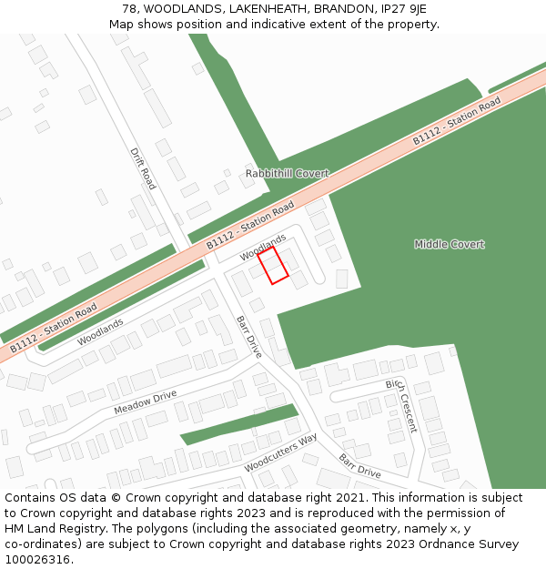 78, WOODLANDS, LAKENHEATH, BRANDON, IP27 9JE: Location map and indicative extent of plot