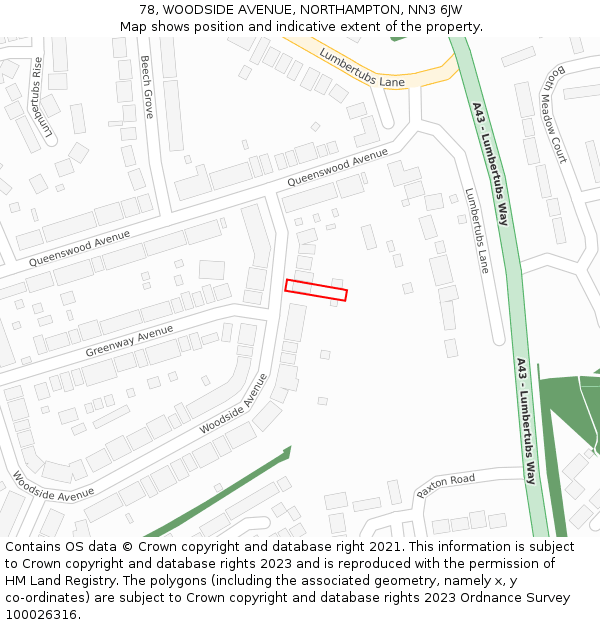 78, WOODSIDE AVENUE, NORTHAMPTON, NN3 6JW: Location map and indicative extent of plot