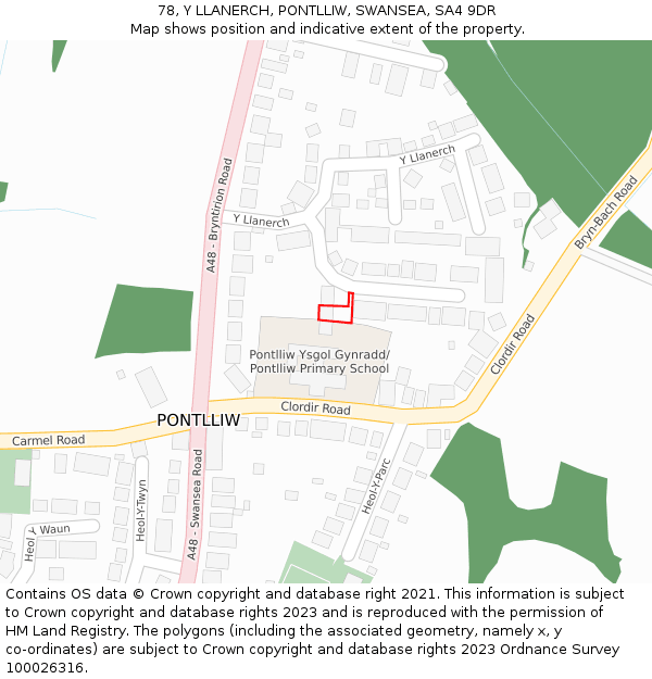 78, Y LLANERCH, PONTLLIW, SWANSEA, SA4 9DR: Location map and indicative extent of plot