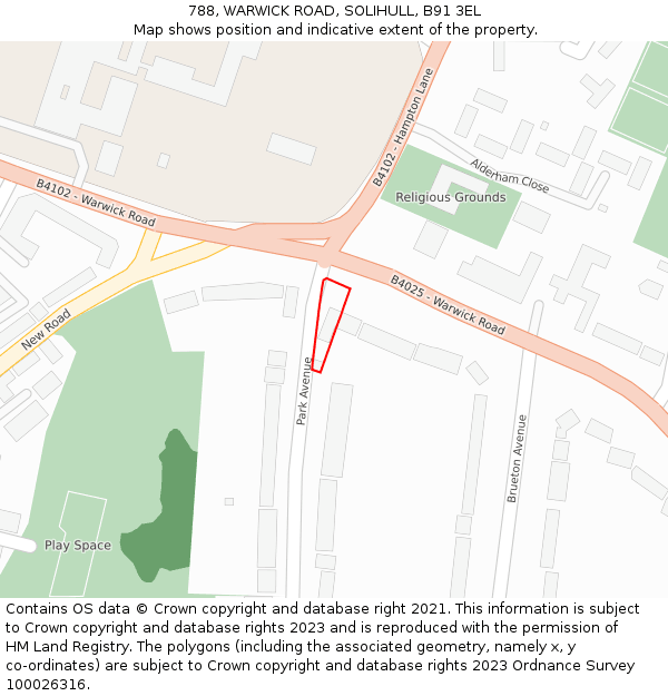 788, WARWICK ROAD, SOLIHULL, B91 3EL: Location map and indicative extent of plot