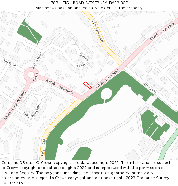 78B, LEIGH ROAD, WESTBURY, BA13 3QP: Location map and indicative extent of plot