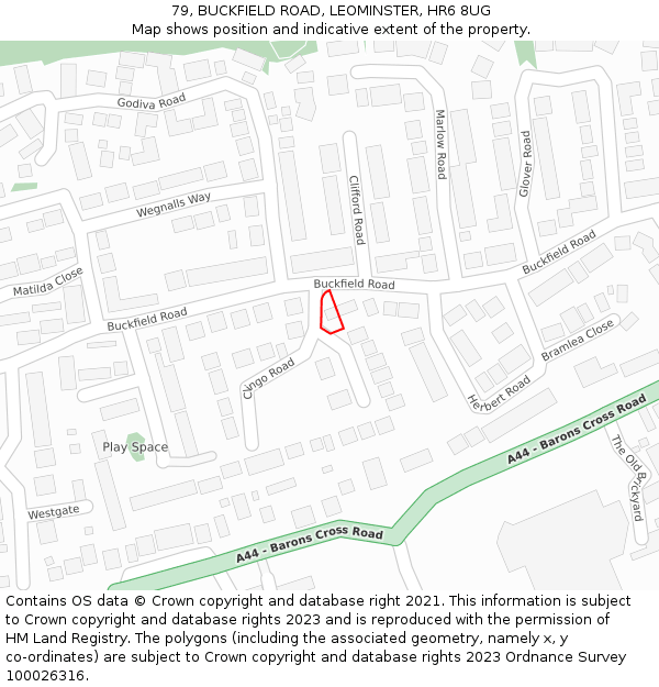 79, BUCKFIELD ROAD, LEOMINSTER, HR6 8UG: Location map and indicative extent of plot