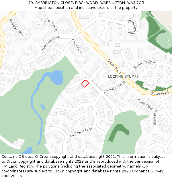 79, CARRINGTON CLOSE, BIRCHWOOD, WARRINGTON, WA3 7QB: Location map and indicative extent of plot