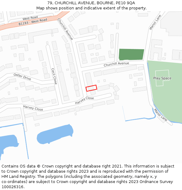 79, CHURCHILL AVENUE, BOURNE, PE10 9QA: Location map and indicative extent of plot