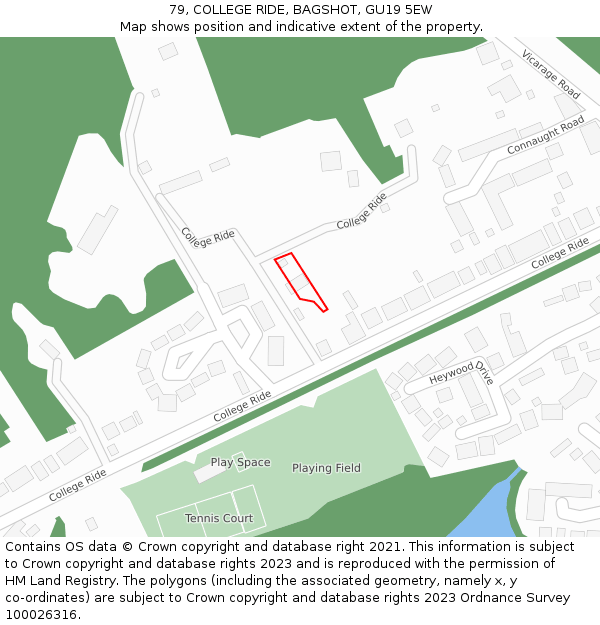 79, COLLEGE RIDE, BAGSHOT, GU19 5EW: Location map and indicative extent of plot