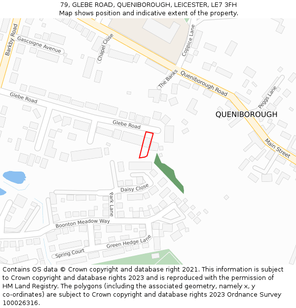 79, GLEBE ROAD, QUENIBOROUGH, LEICESTER, LE7 3FH: Location map and indicative extent of plot
