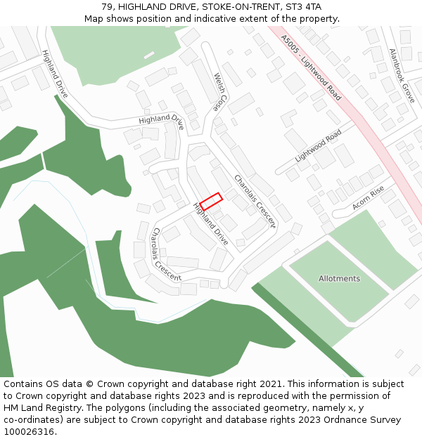 79, HIGHLAND DRIVE, STOKE-ON-TRENT, ST3 4TA: Location map and indicative extent of plot