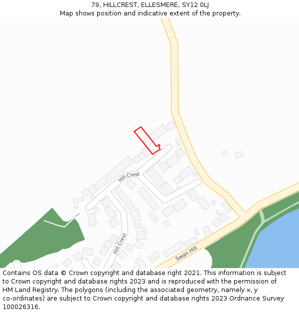 79, HILLCREST, ELLESMERE, SY12 0LJ: Location map and indicative extent of plot
