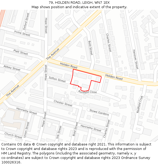 79, HOLDEN ROAD, LEIGH, WN7 1EX: Location map and indicative extent of plot