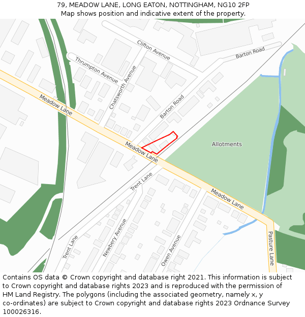 79, MEADOW LANE, LONG EATON, NOTTINGHAM, NG10 2FP: Location map and indicative extent of plot