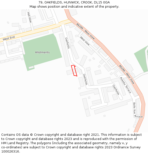 79, OAKFIELDS, HUNWICK, CROOK, DL15 0GA: Location map and indicative extent of plot
