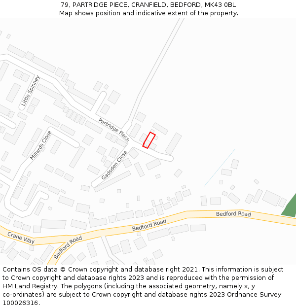 79, PARTRIDGE PIECE, CRANFIELD, BEDFORD, MK43 0BL: Location map and indicative extent of plot
