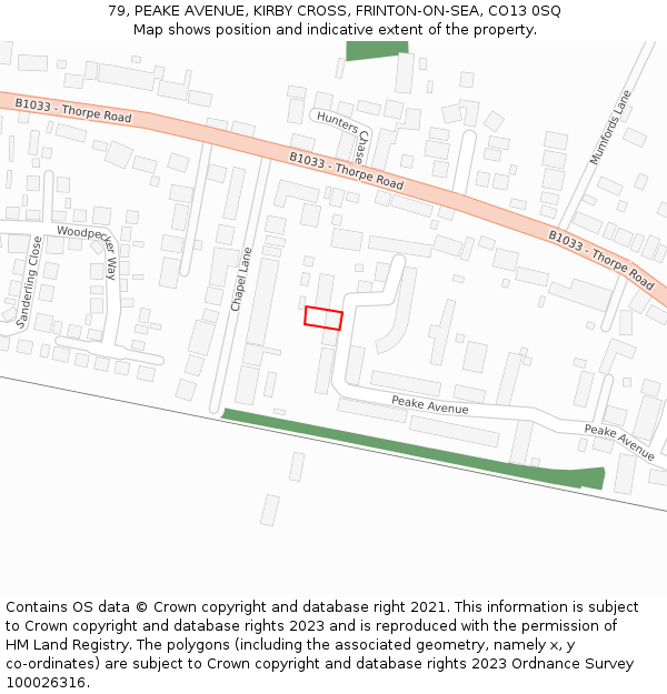 79, PEAKE AVENUE, KIRBY CROSS, FRINTON-ON-SEA, CO13 0SQ: Location map and indicative extent of plot