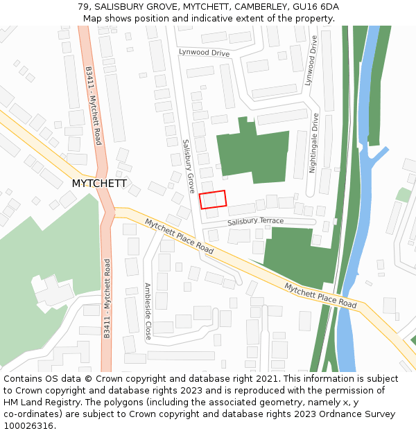 79, SALISBURY GROVE, MYTCHETT, CAMBERLEY, GU16 6DA: Location map and indicative extent of plot