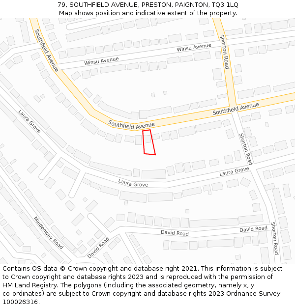 79, SOUTHFIELD AVENUE, PRESTON, PAIGNTON, TQ3 1LQ: Location map and indicative extent of plot