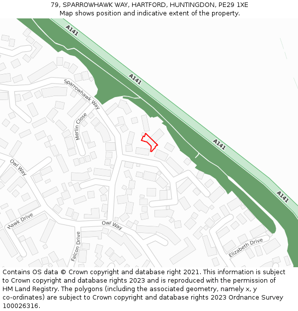 79, SPARROWHAWK WAY, HARTFORD, HUNTINGDON, PE29 1XE: Location map and indicative extent of plot