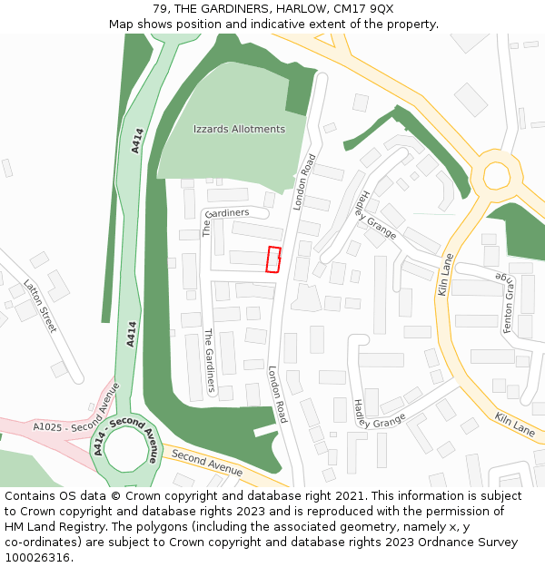 79, THE GARDINERS, HARLOW, CM17 9QX: Location map and indicative extent of plot