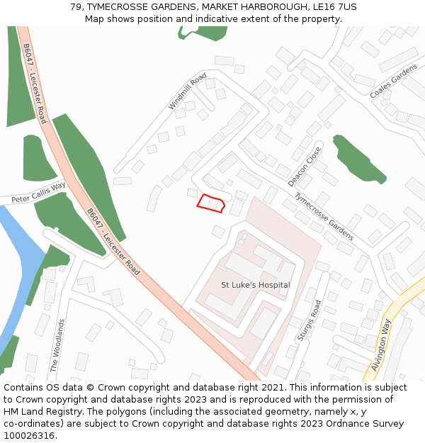 79, TYMECROSSE GARDENS, MARKET HARBOROUGH, LE16 7US: Location map and indicative extent of plot