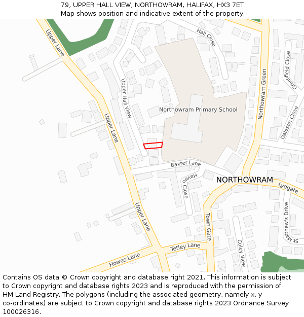 79, UPPER HALL VIEW, NORTHOWRAM, HALIFAX, HX3 7ET: Location map and indicative extent of plot