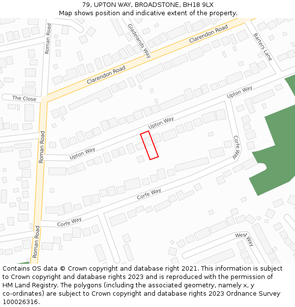 79, UPTON WAY, BROADSTONE, BH18 9LX: Location map and indicative extent of plot