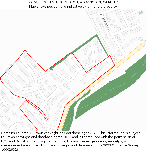 79, WHITESTILES, HIGH SEATON, WORKINGTON, CA14 1LD: Location map and indicative extent of plot
