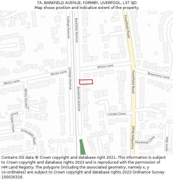 7A, BARKFIELD AVENUE, FORMBY, LIVERPOOL, L37 3JD: Location map and indicative extent of plot