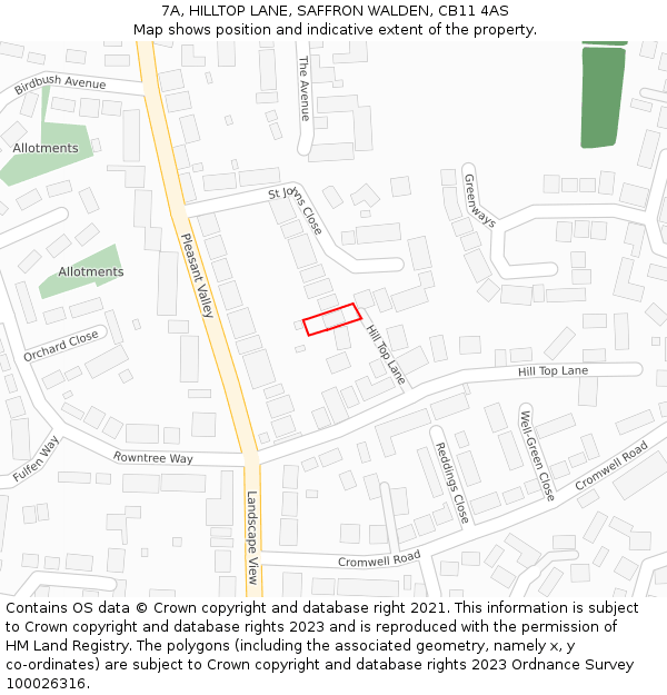 7A, HILLTOP LANE, SAFFRON WALDEN, CB11 4AS: Location map and indicative extent of plot