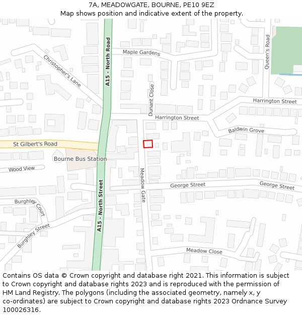 7A, MEADOWGATE, BOURNE, PE10 9EZ: Location map and indicative extent of plot