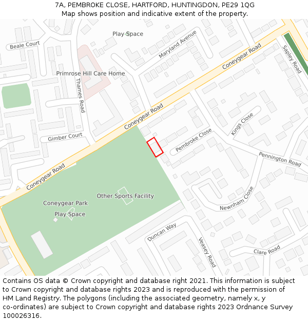 7A, PEMBROKE CLOSE, HARTFORD, HUNTINGDON, PE29 1QG: Location map and indicative extent of plot