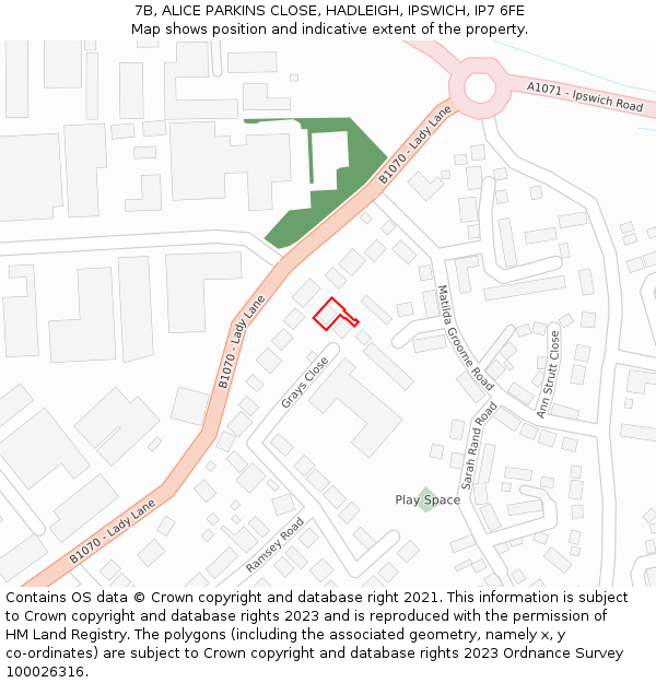 7B, ALICE PARKINS CLOSE, HADLEIGH, IPSWICH, IP7 6FE: Location map and indicative extent of plot