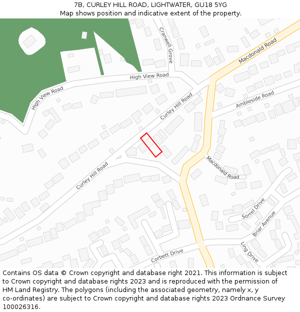 7B, CURLEY HILL ROAD, LIGHTWATER, GU18 5YG: Location map and indicative extent of plot