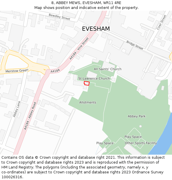 8, ABBEY MEWS, EVESHAM, WR11 4RE: Location map and indicative extent of plot