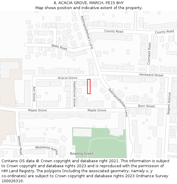 8, ACACIA GROVE, MARCH, PE15 8HY: Location map and indicative extent of plot