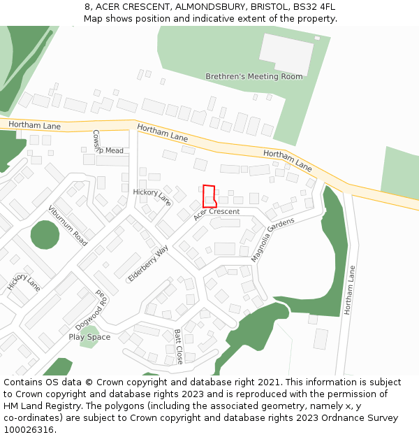 8, ACER CRESCENT, ALMONDSBURY, BRISTOL, BS32 4FL: Location map and indicative extent of plot