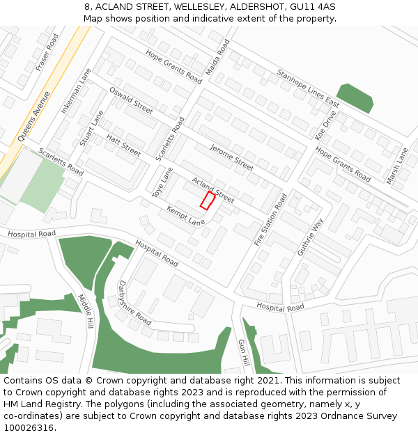 8, ACLAND STREET, WELLESLEY, ALDERSHOT, GU11 4AS: Location map and indicative extent of plot