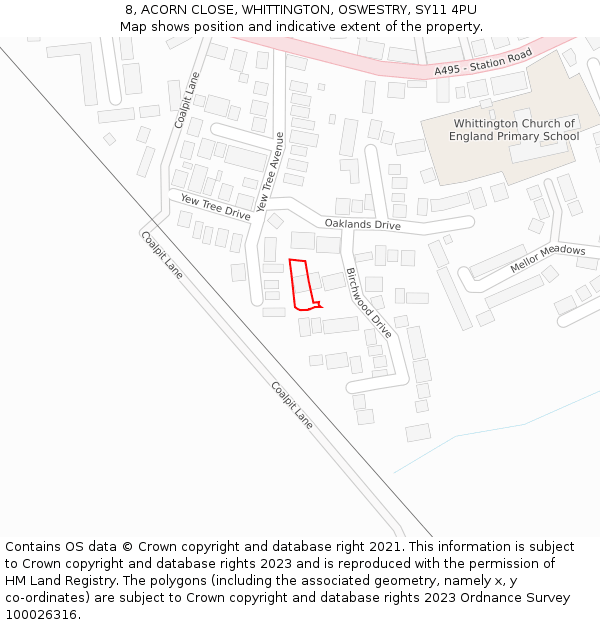 8, ACORN CLOSE, WHITTINGTON, OSWESTRY, SY11 4PU: Location map and indicative extent of plot
