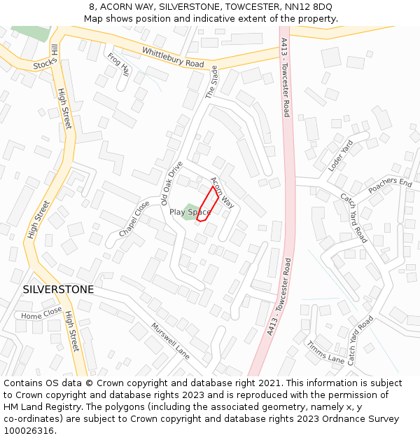 8, ACORN WAY, SILVERSTONE, TOWCESTER, NN12 8DQ: Location map and indicative extent of plot