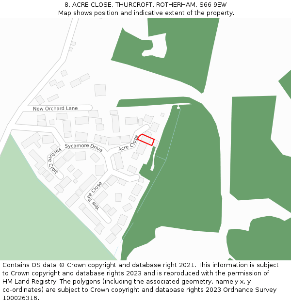 8, ACRE CLOSE, THURCROFT, ROTHERHAM, S66 9EW: Location map and indicative extent of plot