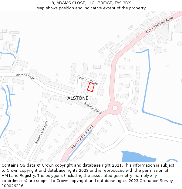 8, ADAMS CLOSE, HIGHBRIDGE, TA9 3DX: Location map and indicative extent of plot