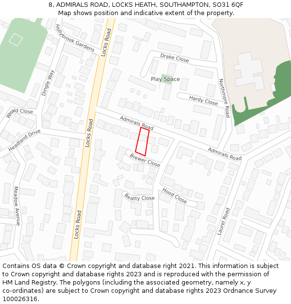 8, ADMIRALS ROAD, LOCKS HEATH, SOUTHAMPTON, SO31 6QF: Location map and indicative extent of plot