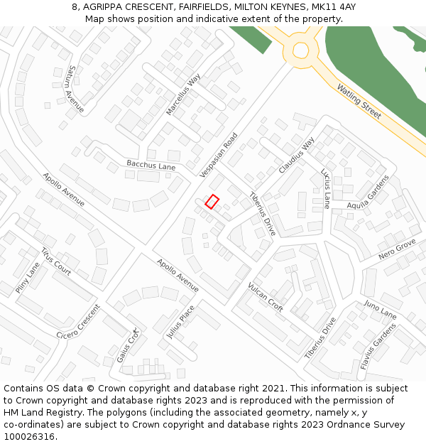 8, AGRIPPA CRESCENT, FAIRFIELDS, MILTON KEYNES, MK11 4AY: Location map and indicative extent of plot