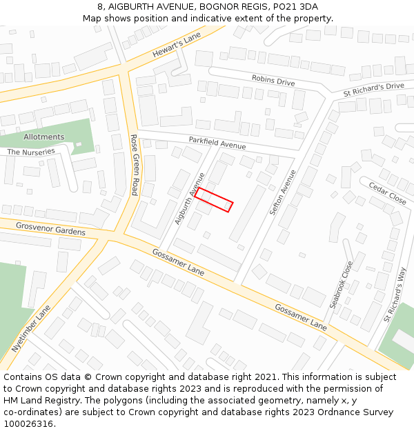 8, AIGBURTH AVENUE, BOGNOR REGIS, PO21 3DA: Location map and indicative extent of plot