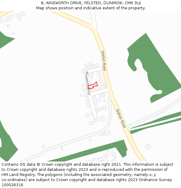 8, AINSWORTH DRIVE, FELSTED, DUNMOW, CM6 3UJ: Location map and indicative extent of plot